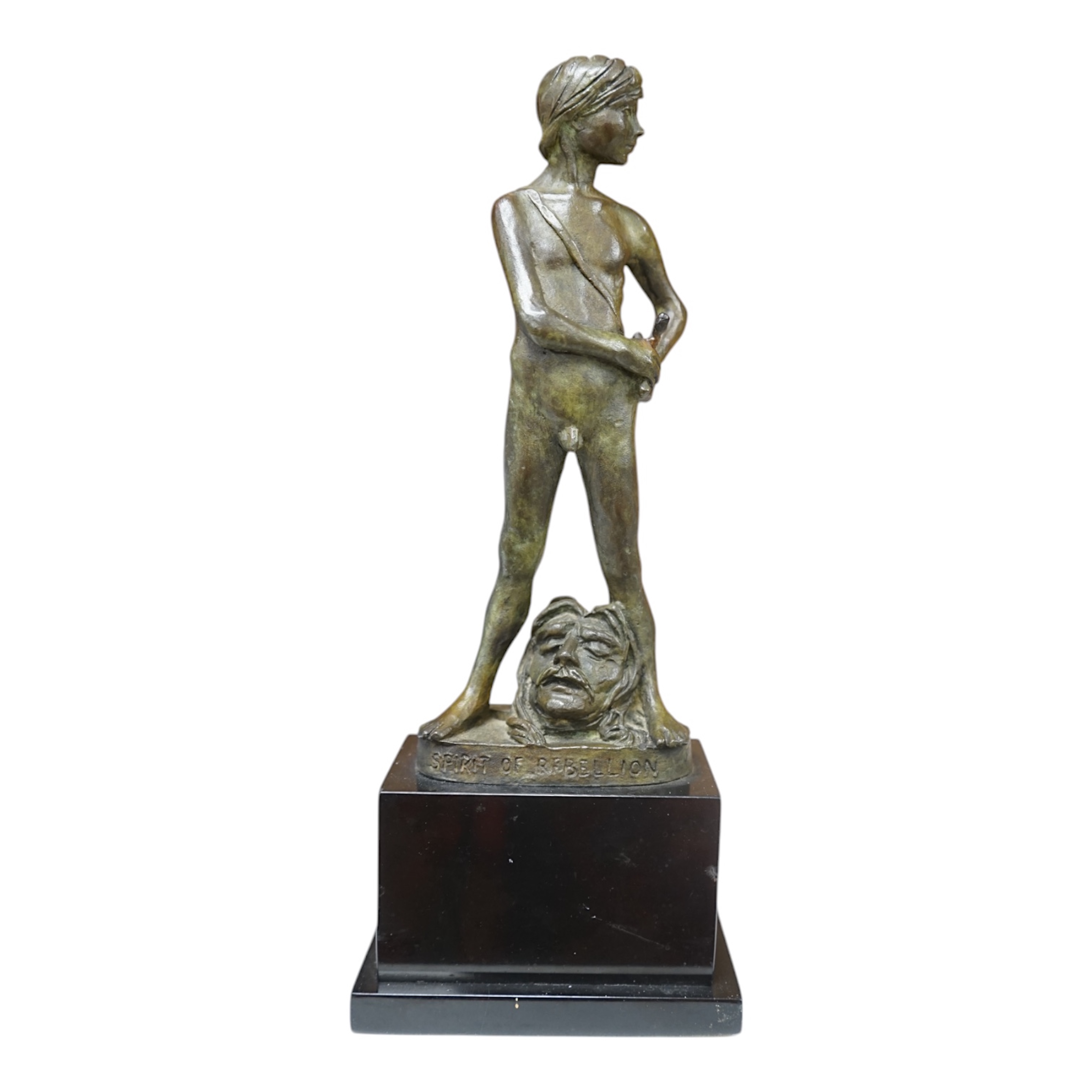 Enzo Plazzotta, (Italian 1921-1981) green patinated bronze ‘Spirit of Rebellion’, 26cm tall. Condition - minor nicks to base, otherwise good